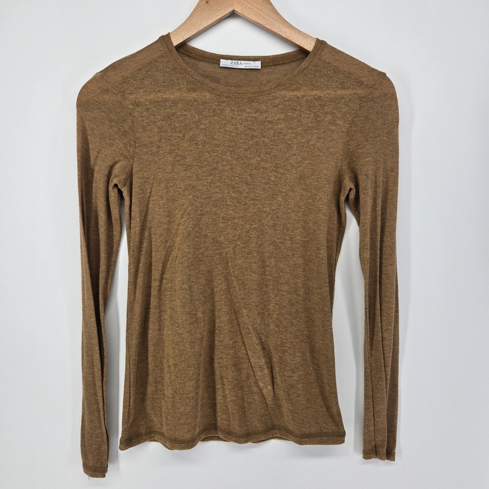 Zara Top Women Small Brown Long Sleeve Crew Neck Lightweight Layering Basic